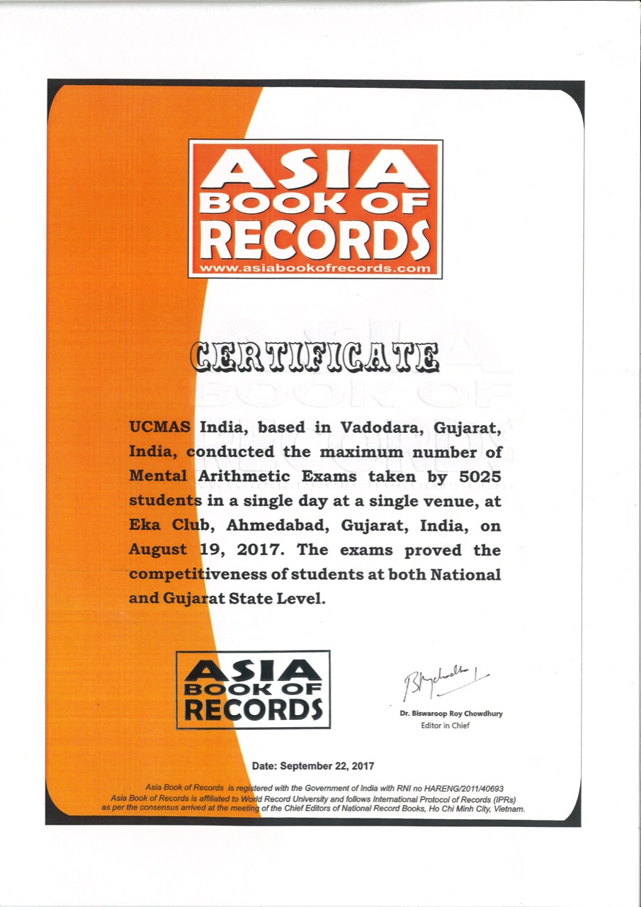 ASIA BOOK OF RECORDS – Chứng nhận từ Trung tâm sách kỷ lục châu Á dành cho UCMAS năm 2017