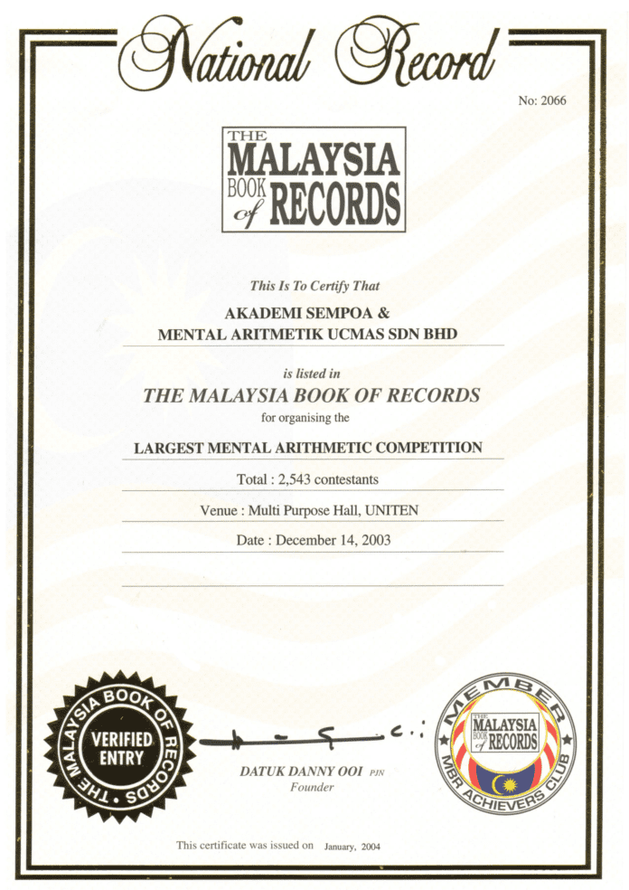 UCMAS ghi danh trong Sách Kỷ lục Malaysia với Cuộc thi Bàn Tính và Số Học Trí Tuệ lớn nhất
