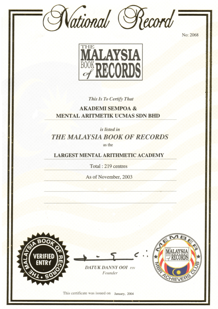 UCMAS ghi danh trong Sách Kỷ lục Malaysia với Mạng lưới Trung tâm Bàn Tính và Số Học Trí Tuệ lớn nhất