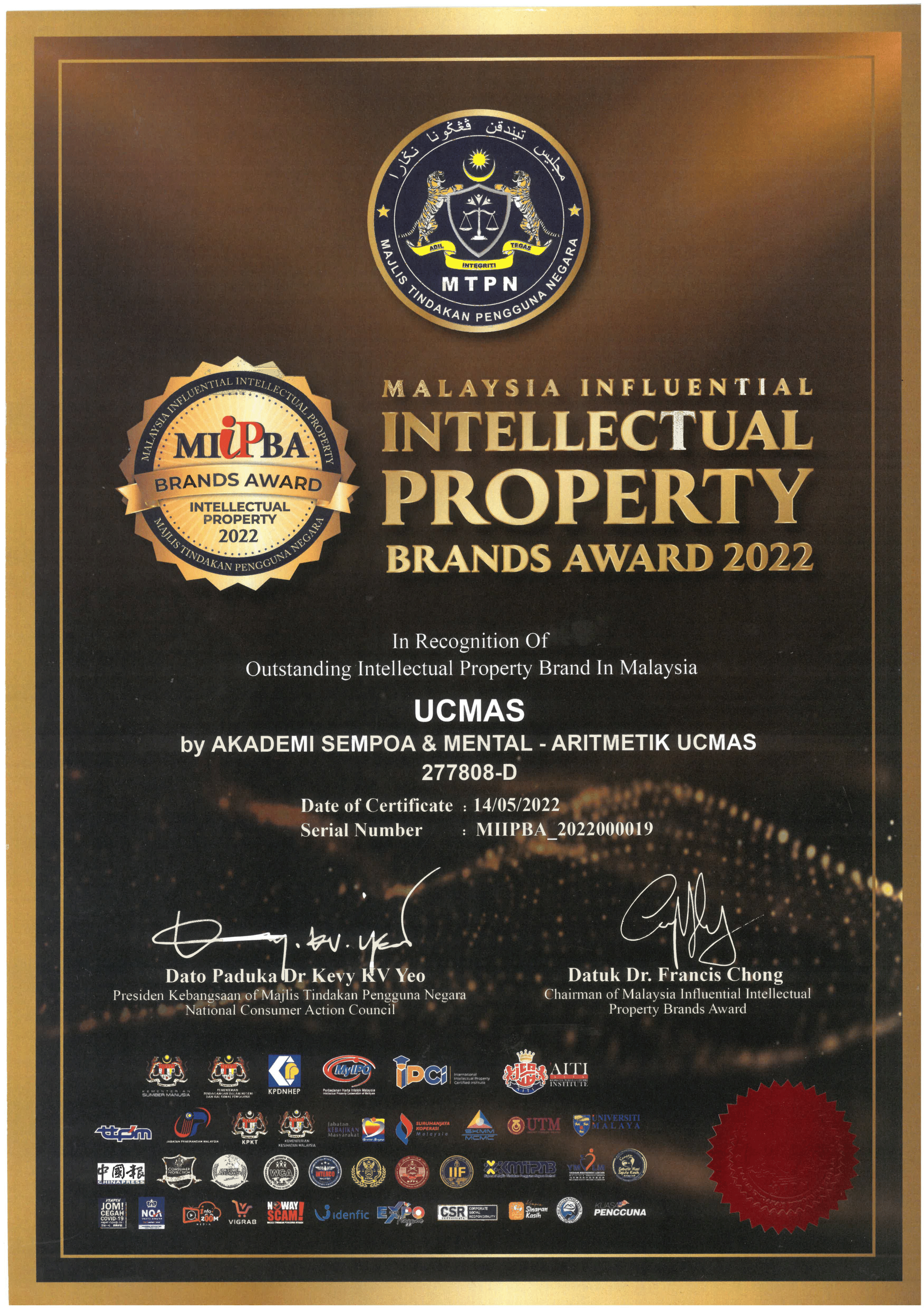 Giải thưởng Malaysia Influential Intellectual Property Brands Award dành cho UCMAS