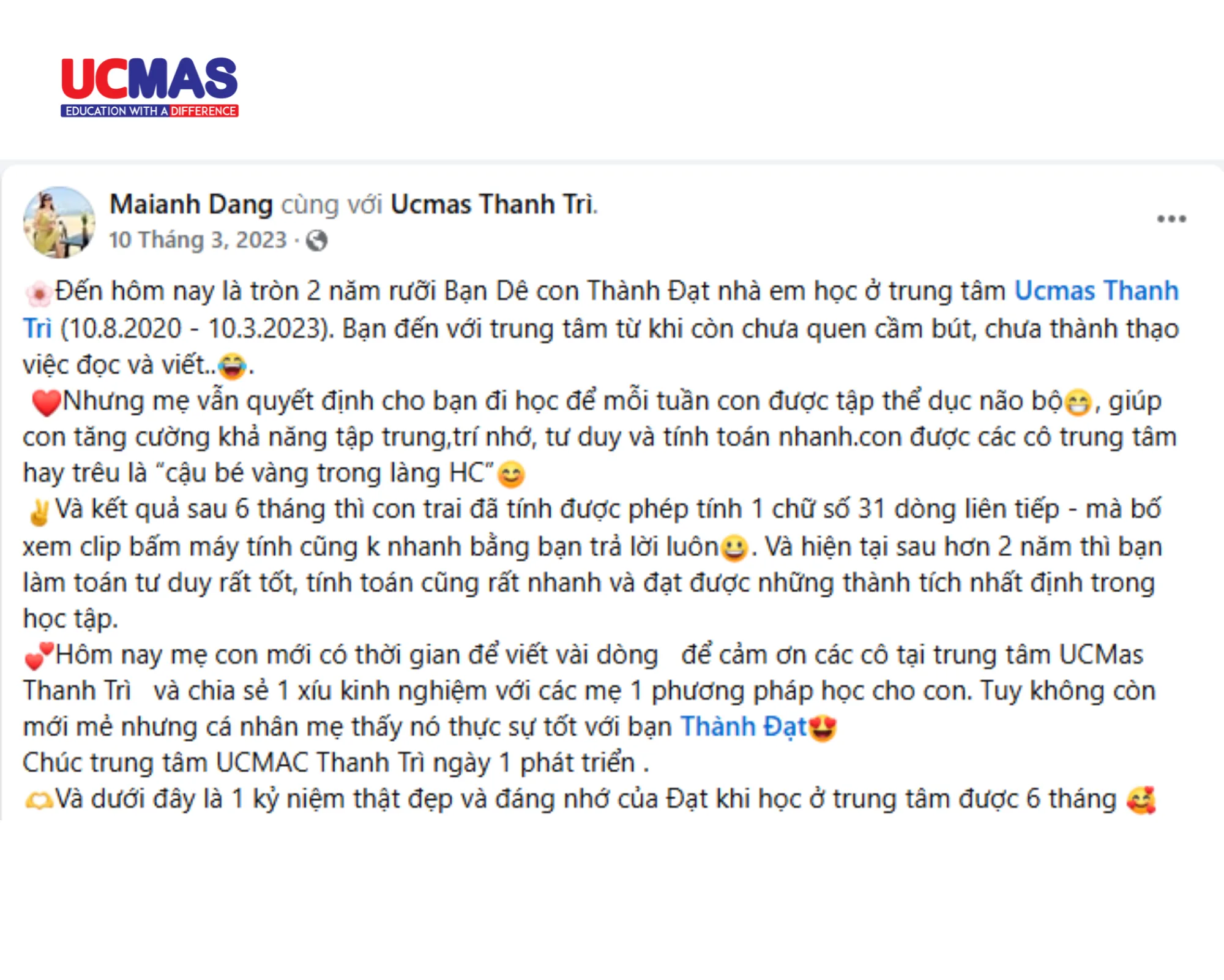 Hành trình Vũ Hữu Thành Đạt học UCMAS từ năm 4 tuổi