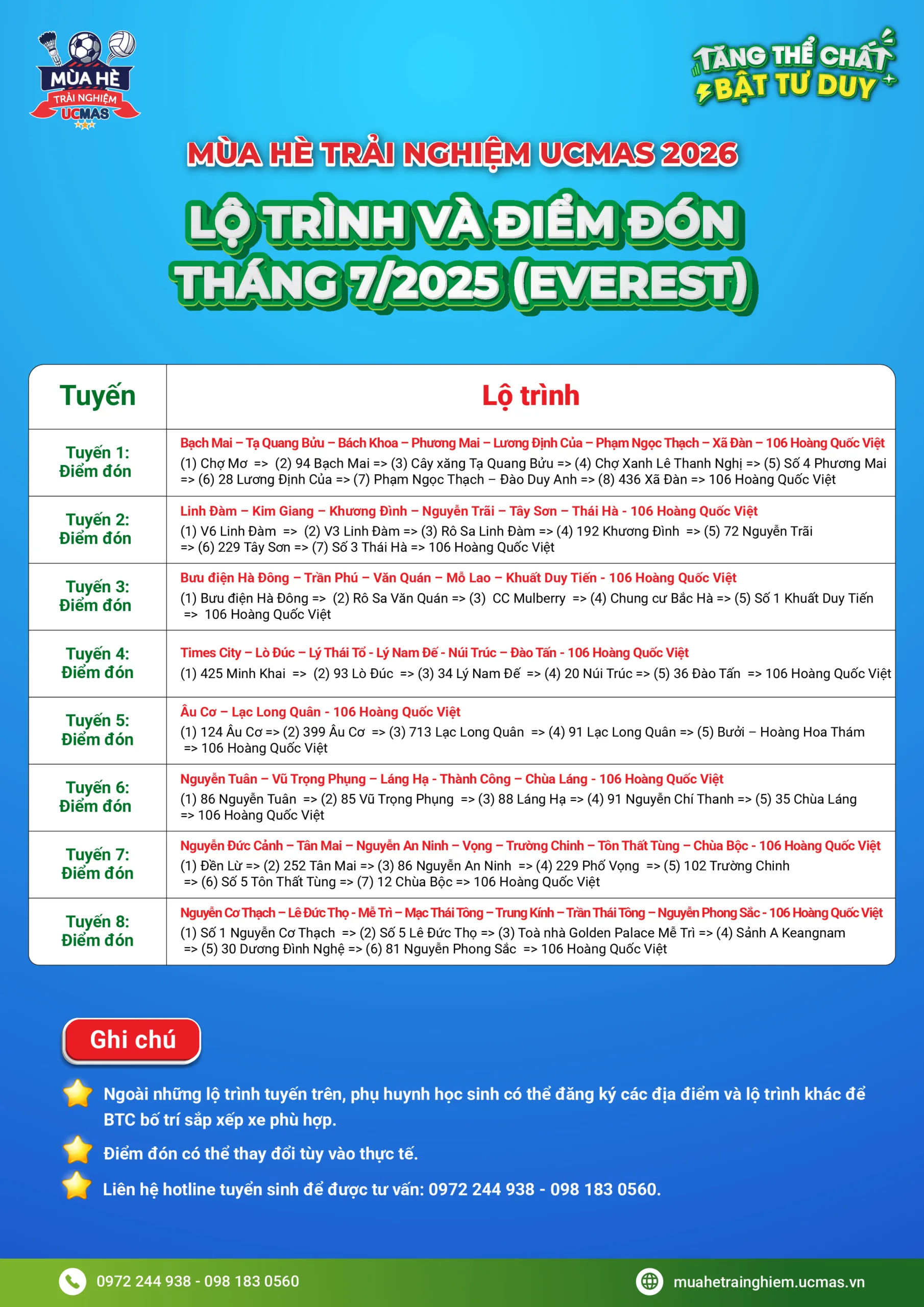 Lộ trình xe đến Trại hè tháng 7 tại Trường Liên Cấp Everest