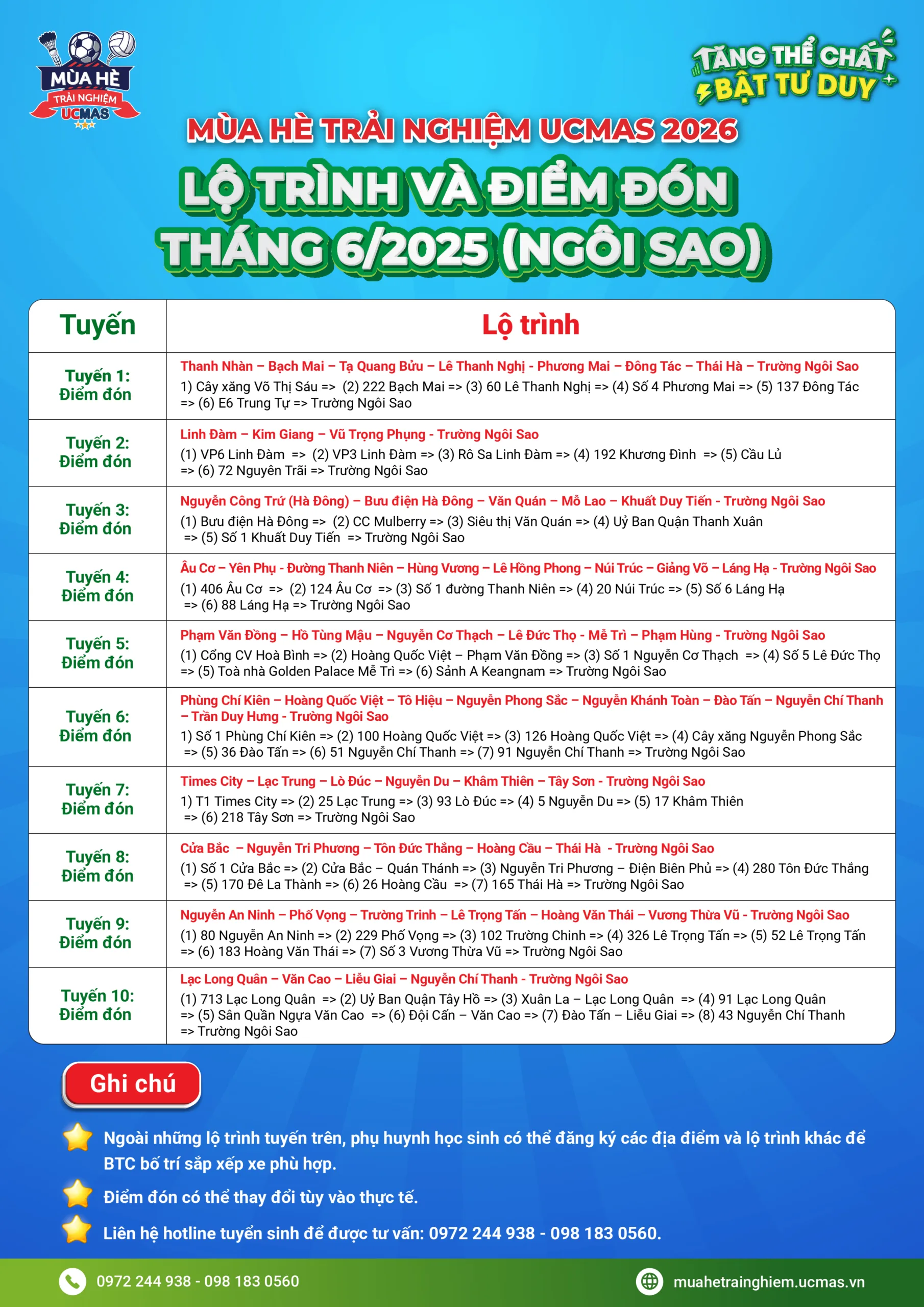 Lộ trình xe đến Trại hè tháng 6 tại Trường Liên Cấp Ngôi Sao Hà Nội