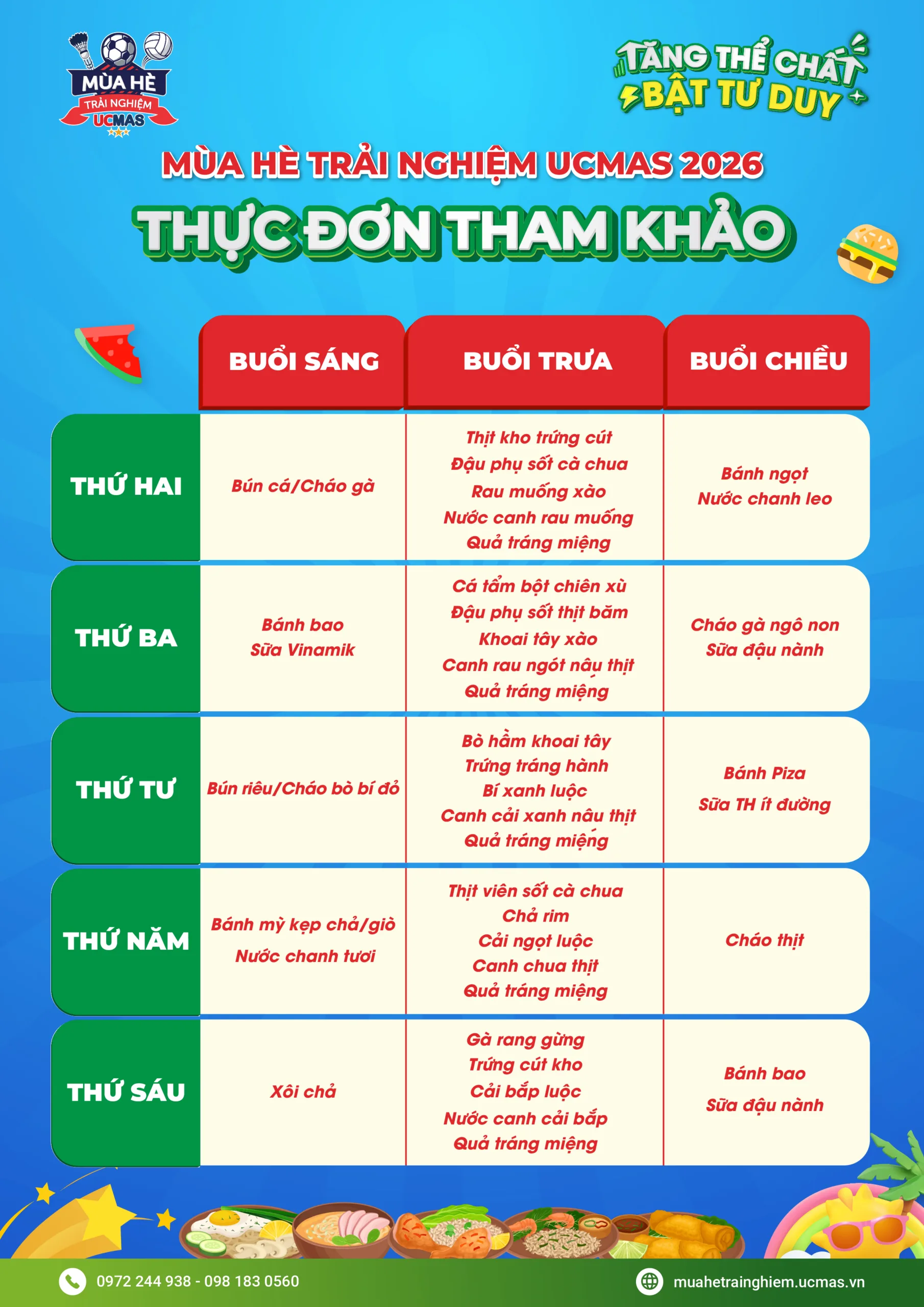 Thực đơn tham khảo Mùa hè trải nghiệm UCMAS 2026