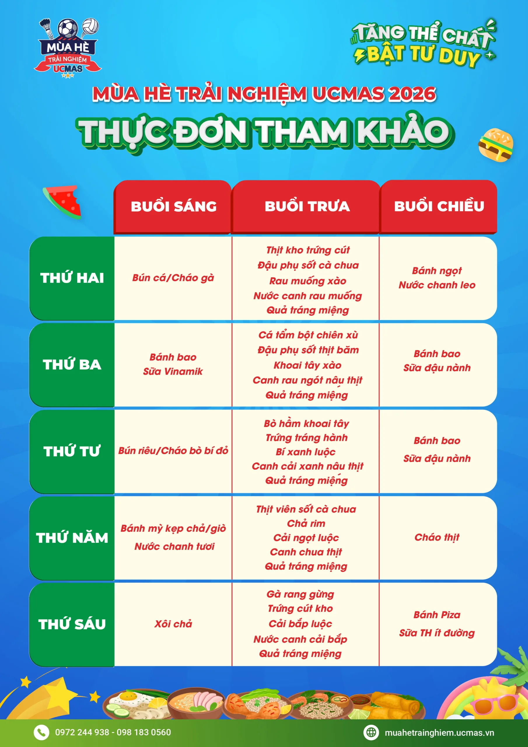 Thực đơn tham khảo Mùa hè trải nghiệm UCMAS 2026
